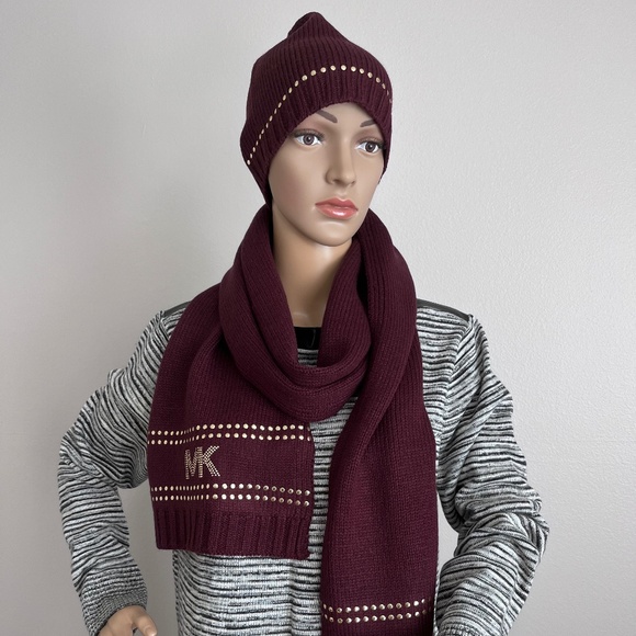 Michael Kors Burgundy Studded Stripe with Logo Detail Hat & Scarf Set - Picture 2 of 10